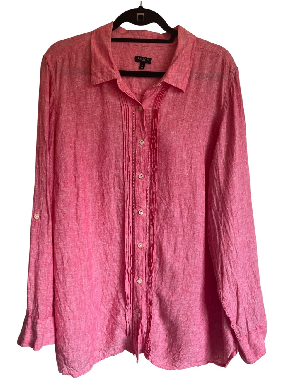 Talbots Pintuck 100% Linen Button-Front Shirt with Roll-tab Sleeves Size 1X